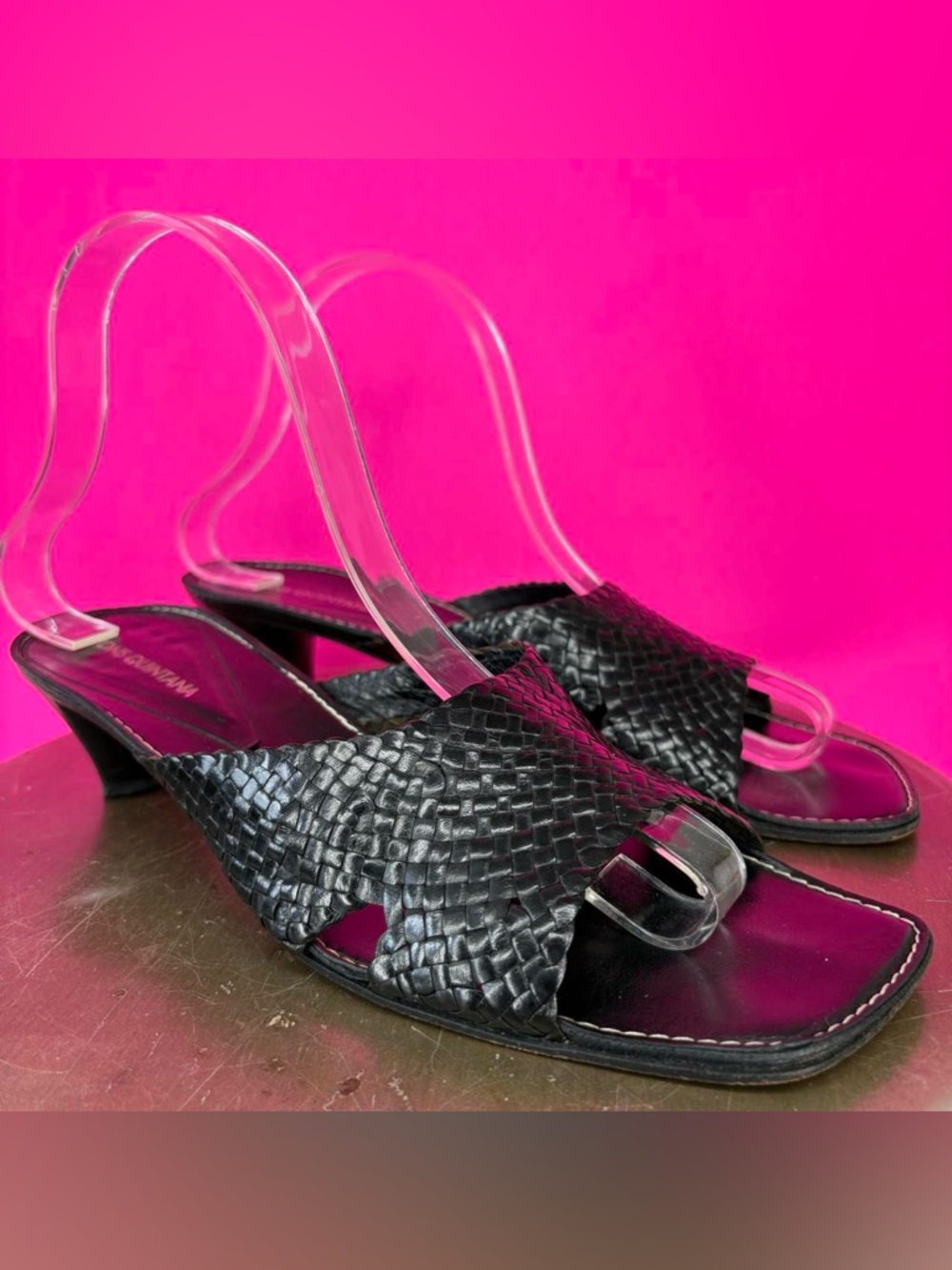 Pons Quintana Woven Black Leather Open Square Toe Kitten Heel Mule Sandal EU 38